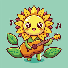 Obraz premium Cute cartoon sunflower character joyfully playing an acoustic guitar with musical notes floating around
