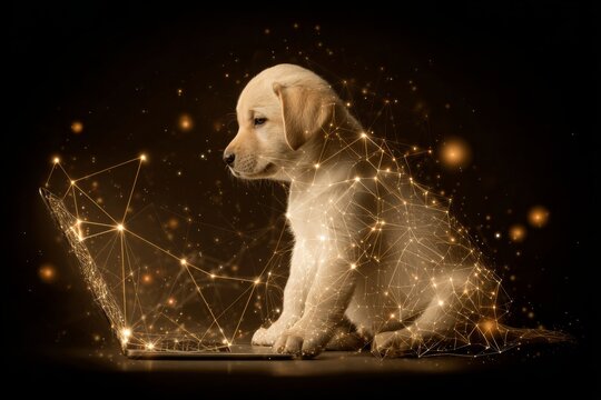 Puppy's night adventure: sitting human-like in fear. Web of reality. The quiet power of invisible connections shaping our shared reality. Universal unity. Puppy fear.
