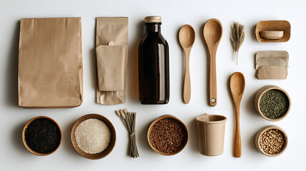 Natural ingredients and kitchenware arranged flat lay wooden spoons glass bottle