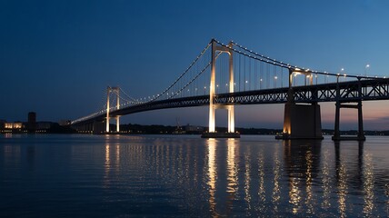 Obraz premium Illuminated Suspension Bridge at Night with Sparkling Water Reflections Photo