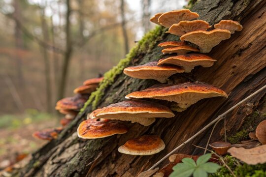 Macro shot of layered mushrooms on a fallen tree trunk in a forest setting ultra-detailed photography close-up view of shelf fungi
