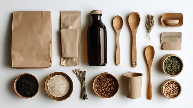 Natural ingredients and kitchenware arranged flat lay wooden spoons glass bottle - Powered by Adobe