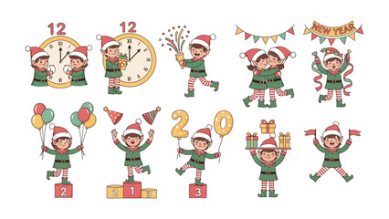 Fototapeta premium Christmas Elves Collection: A festive array of Christmas elves engaged in celebratory activities, from welcoming New Year, with colorful decorations.