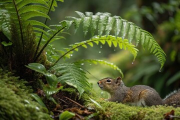 Fototapeta premium Photorealistic squirrel resting under lush ferns in a rainforest macro detail capturing morning dew on leaves
