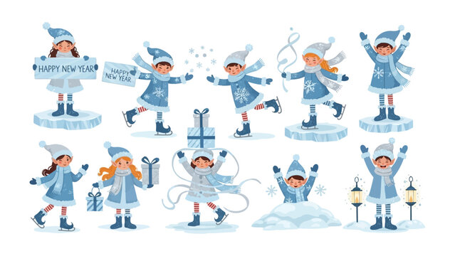 Winter Wonderland: Delightful illustrations of children embracing the winter season, each exuding joy and merriment in a snowy landscape. A joyous winter scene filled with holiday cheer.