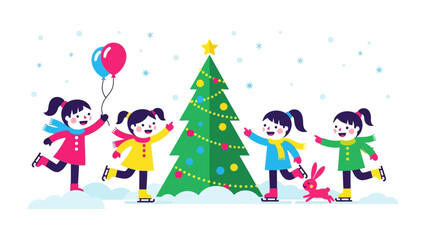 Festive Joy: A charming illustration captures the magic of the holiday season, with children skating around a decorated Christmas tree under a gentle snowfall.  