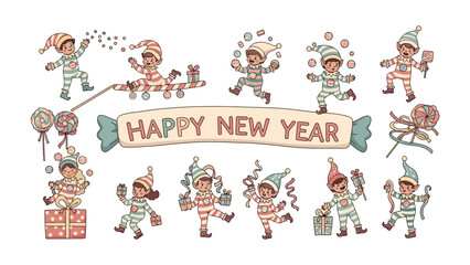 Fototapeta premium Joyful New Year's Elves: Whimsical illustrations capture the playful essence of the New Year, depicting a festive array of elves engaged in various joyful activities. These cheerful characters.