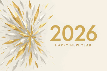 2026 Happy New Year Golden Celebration Greeting Card Design with Abstract Geometric Explosion Background