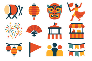 Festive Cultural Icons. Cultural festival flat icon set: drum, lantern, mask, dancer, fireworks, fan, banner, stage, food stall, garland, flag, crowd