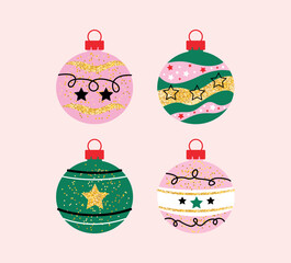 Illustration of a set of New Year's balls on a light pink background.