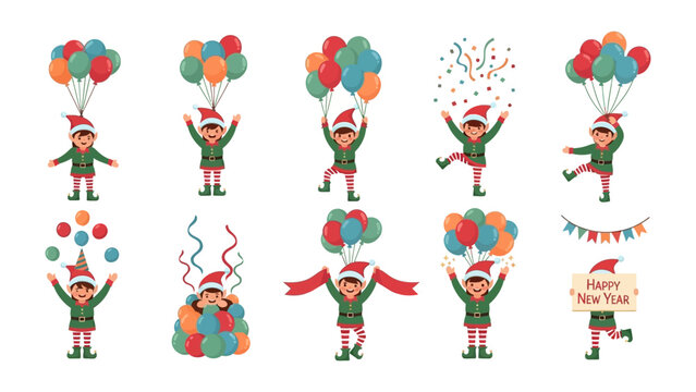 Cheerful Holiday Elf Collection: A vibrant assortment of festive elves, each brimming with glee amidst a collage of colorful balloons, confetti, and streamers, celebrating the holiday spirit.