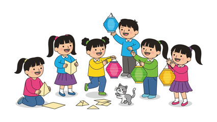 Joyful Lantern Festival: A group of children joyfully participates in a lantern festival, the air alive with festive light, unity and friendship. 
