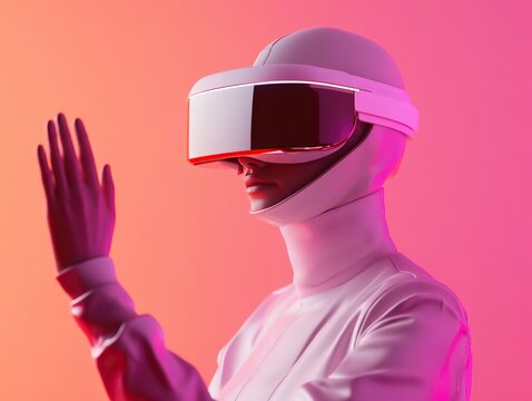 Woman with VR headset immersed in virtual reality, exploring metaverse, digital world, futuristic experience
