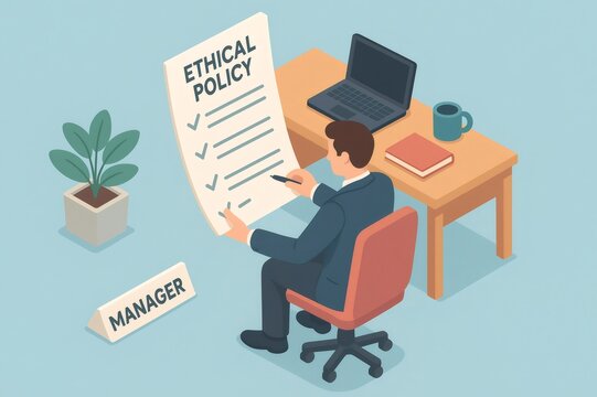 Business professional checking ethical policy guidelines for corporate governance and integrity, ensuring company values