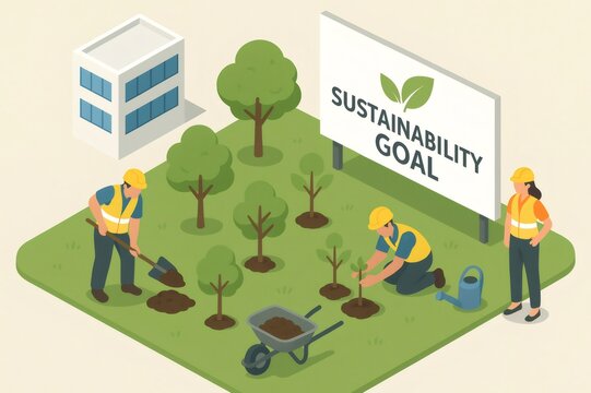 Workers planting trees in the park, promoting environmental sustainability and green initiatives with a Sustainability Goal sign
