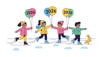 New Year Ice Skating Adventure: A vibrant scene of children skating with balloons marking the year 2026, set against a backdrop of winter festivities and joyful anticipation.