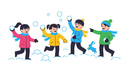 Playful Winter Fun: A group of children engage in a joyful snowball fight on a crisp winter day, showcasing the pure delight and excitement of childhood play.