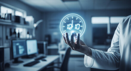 Scientist holding holographic clock in modern laboratory time management and scientific research