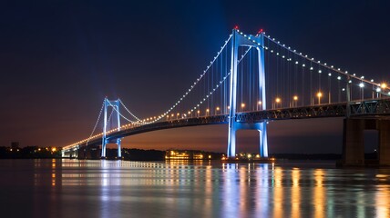 Fototapeta premium Radiant suspension bridge lights reflecting across tranquil evening waters photo