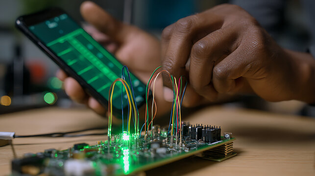 Person connecting colorful wires to circuit board using smartphone hands technology