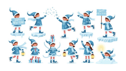 Whimsical Winter Wonderland: A collection of delightful children's illustrations embodying the joyous spirit of a new year, set against a pristine, magical winter landscape.
