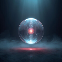 Glowing Blue Sphere with Red Core over Misty Surface