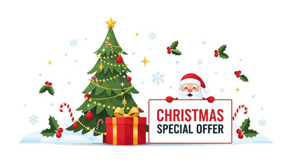 Christmas Special Offer: A festive graphic capturing the holiday spirit with Santa, a decorated Christmas tree, gift and offering a special deal, perfect for seasonal promotions.