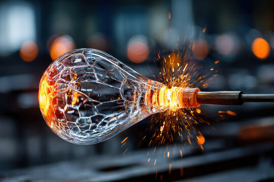 Molten glass on a rod with orange sparks and blur - Powered by Adobe