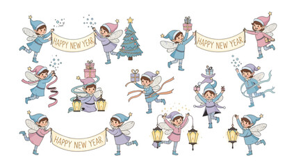 New Year Elves and Festive Cheer: A whimsical illustration of cheerful elves celebrating the New Year. Each character is adorned in winter attire, surrounded by holiday decorations.