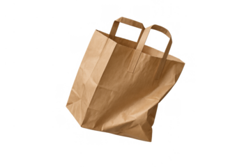 Brown kraft paper bag with handles floating, empty reusable shopping tote for retail, takeout, and delivery, transparent background