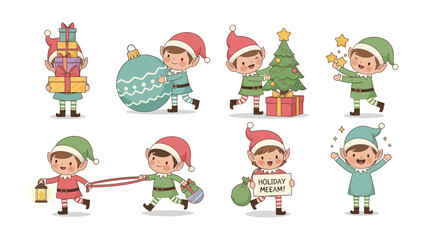 Christmas Elf Cartoon Collection: A delightful collection of cartoon elves engaged in various festive activities, each embodying the joyous spirit of the holiday season. They are preparing gifts.