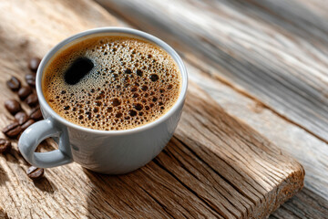 Freshly brewed coffee served in a light gray cup on a rustic wooden table