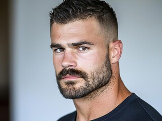 Fototapeta premium A focused young man with a stylish beard and short hair gazes confidently at the camera, showcasing determination.