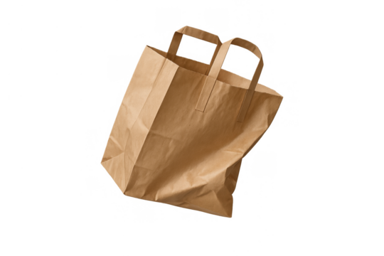 Brown kraft paper bag with handles floating, empty reusable shopping tote for retail, takeout, and delivery, transparent background