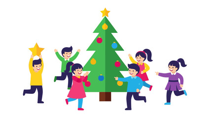 Joyful Christmas Tree Celebration: A group of children is happily gathered around a decorated Christmas tree, filled with festive ornaments and lights, enhancing the joyful atmosphere.