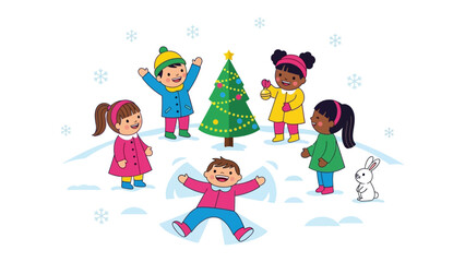 Fototapeta premium Holiday Joy in Snow: Playful children with pure delight gather around a decorated Christmas tree in a snowy wonderland. A symbol of the magic, warmth, and cheer that fill the holiday season. 