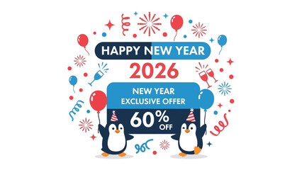 New Year Offer with Penguins: Animated penguins happily celebrate the arrival of the New Year, offering a special 60% discount on an exclusive promotion.