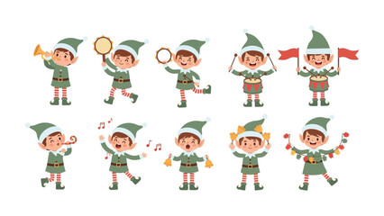 Holiday Elf Parade: A collection of cheerful holiday elves is in a spirited parade, showcasing their talents with musical instruments and festive decorations.
