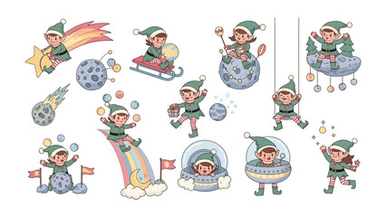 Whimsical Elf Adventures: A collection of delightful illustrations showcases playful elves engaged in enchanting activities, soaring through starry skies, and bringing cheer.