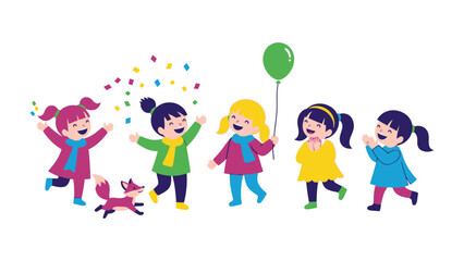 Joyful Gathering: A group of children, filled with laughter and delight, revel in a playful moment with confetti and a vibrant balloon, capturing the innocence of childhood.
