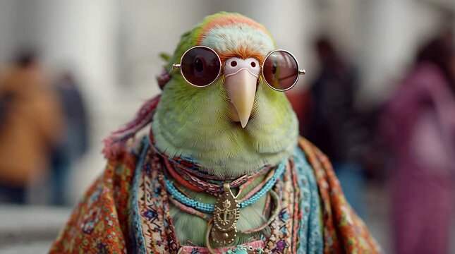 Whimsical parrot wearing sunglasses and boho chic clothing enjoying a vibrant cultural festival experience outdoors