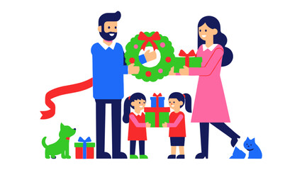 Holiday Cheer: An illustration that depicts a family of four, including two children, exchanging gifts under the festive glow of a wreath. A charming illustration of holiday spirit. 