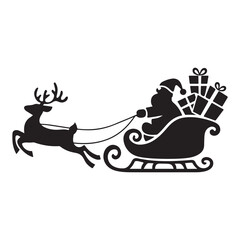 Santa Claus Riding Sleigh with Reindeer Silhouette – Christmas Holiday Scene for Festive Decorations, Greeting Cards, and Winter Designs