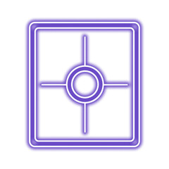 A glowing purple square icon with a central circle and intersecting lines, resembling a stylized target or map marker.