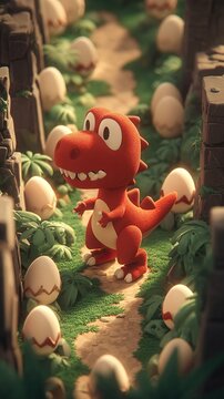 Cartoon Dinosaur Adventure: A cute red dinosaur explores a path surrounded by eggs and stone walls.