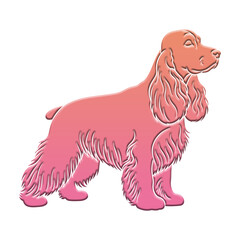 Illustration of stylized pink and orange gradient cocker spaniel dog illustration standing in profile, isolated on transparent background