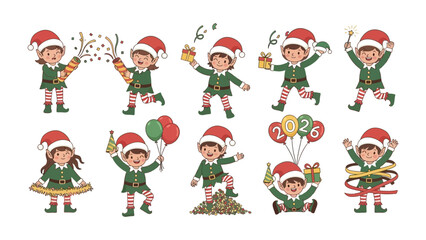 Festive Elves Collection: A delightful collection of playful elves, each in their cheerful holiday attire, engaging in a variety of celebratory activities. Capturing the joyous spirit of the season.