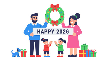 New Year Family Celebration: A cheerful family is gathered in front of a colorful decorated wreath, celebrating the year 2026 with a heartwarming message. Presents lie at the feet of the family.