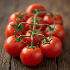 Cluster of Red Tomatoes on Vine on Rustic Wooden Surface