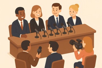 Diverse business professionals smiling, engaging with reporters and videographer during an interview or public speaking event